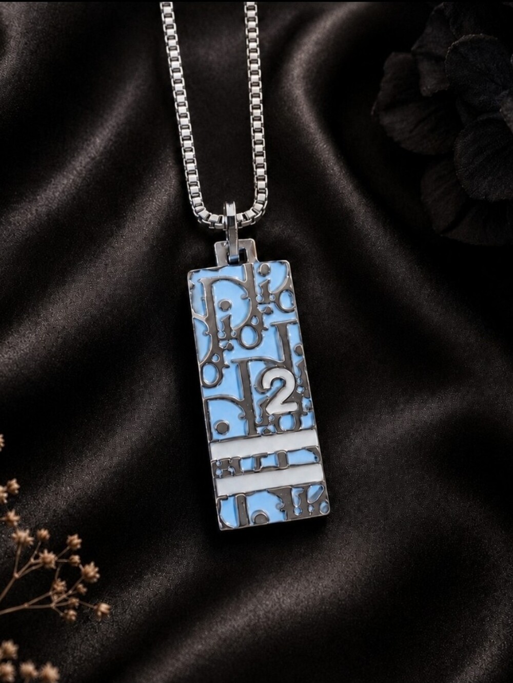Elegant Dior Trotter Blue and Silver Pendant Necklace